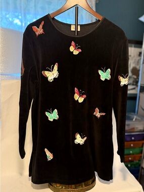 Neiman Marcus Black Top with Red, Yellow & Blue Butterfly Embroidery (U9)